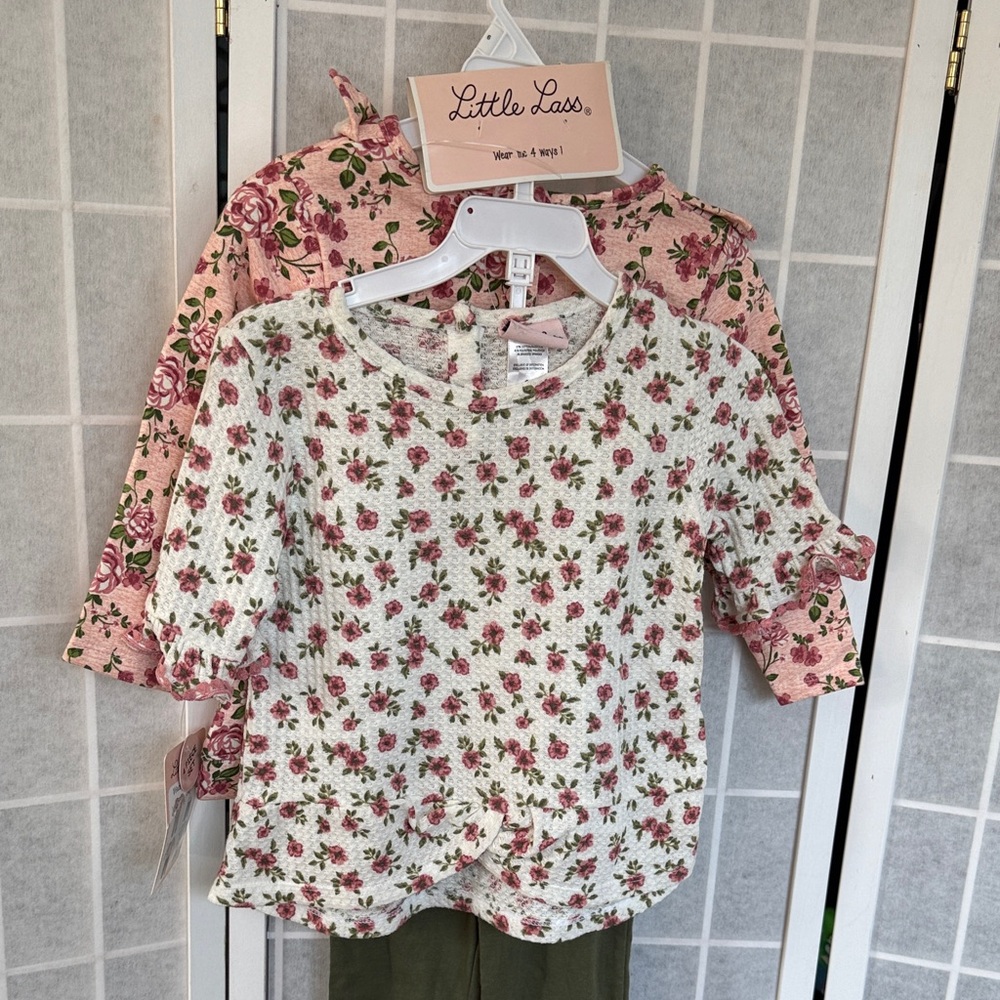 Little Lass Girls Pink and Green Floral Tops Set Size 6